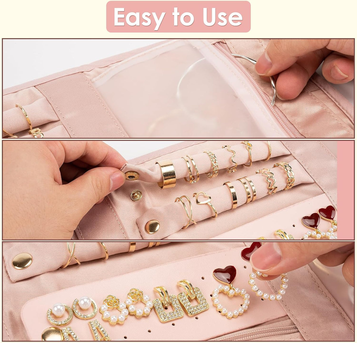 Travel Jewelry Organizer Bag Anti-Tangle Foldable Small Jewelry Roll Travel Case Accessory for Necklaces, Earrings, Rings, Bracelets, Watches, Pink