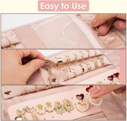 Travel Jewelry Organizer Bag Anti-Tangle Foldable Small Jewelry Roll Travel Case Accessory for Necklaces, Earrings, Rings, Bracelets, Watches, Pink