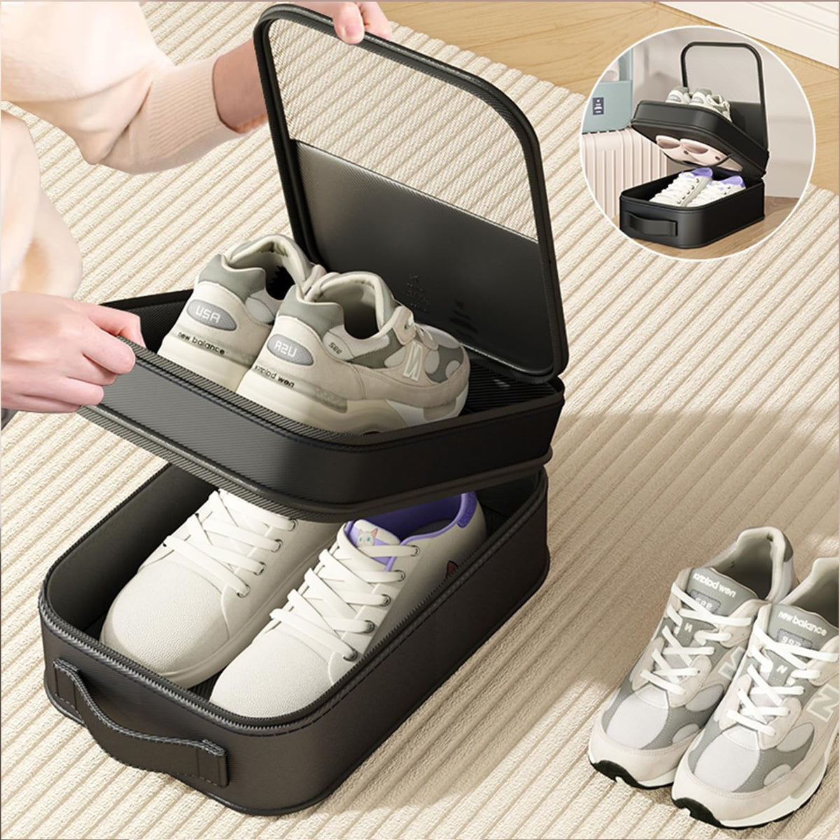 2 Pack Shoe Bags for Travel - Holds 3 Pair of Shoes, Portable Shoes Storage Bag Organizer, Travel Luggage Shoe Organizer for Women and Teenager (Black)