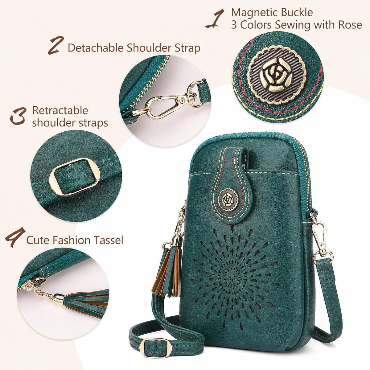APHISON Small Crossbody Bags for Women, Lightweight Vegan Leather Cell Phone Purse, Cute Purses with Tassels