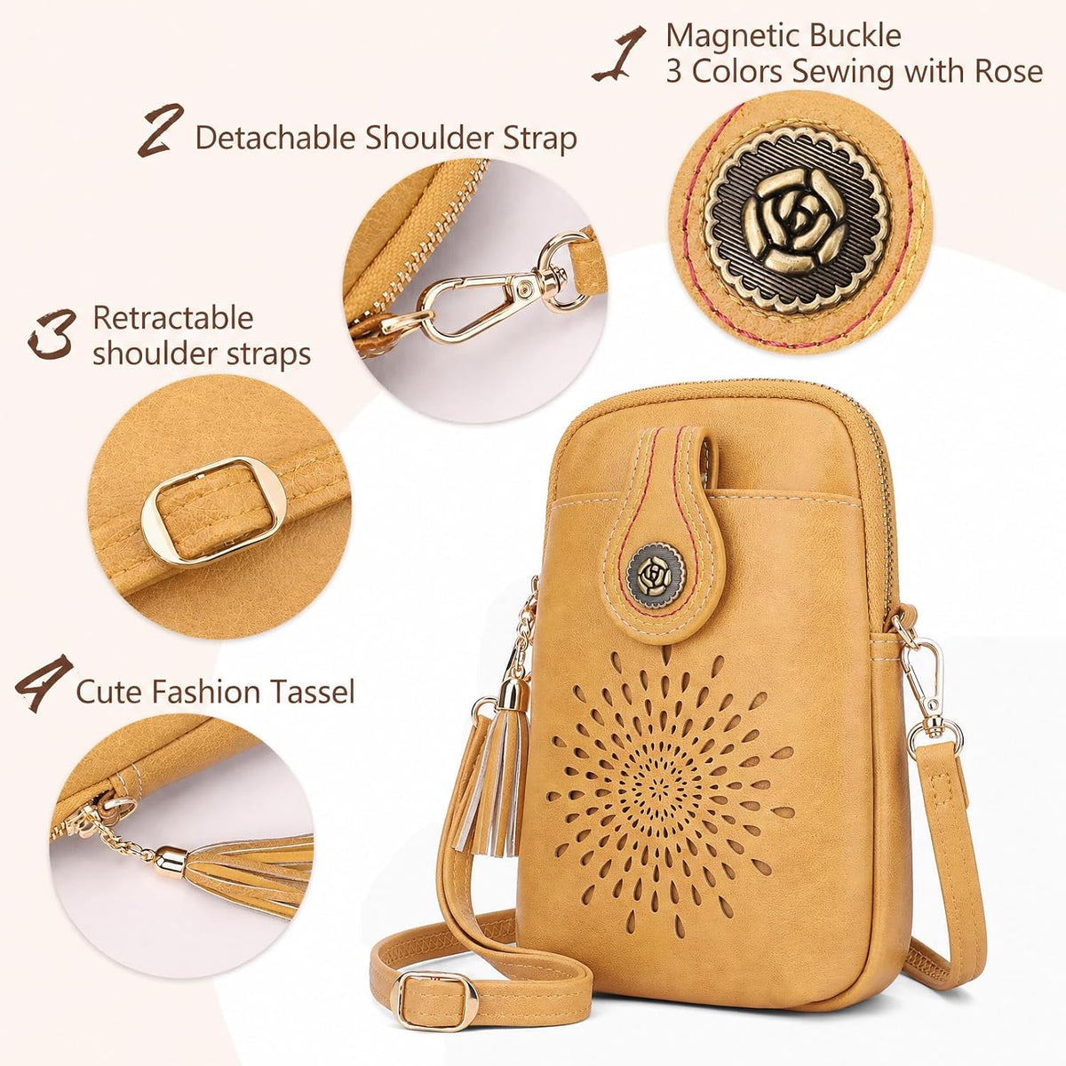 APHISON Small Crossbody Bags for Women, Lightweight Vegan Leather Cell Phone Purse, Cute Purses with Tassels