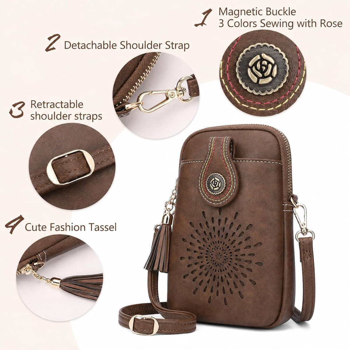 APHISON Small Crossbody Bags for Women, Lightweight Vegan Leather Cell Phone Purse, Cute Purses with Tassels