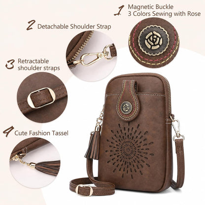 APHISON Small Crossbody Bags for Women, Lightweight Vegan Leather Cell Phone Purse, Cute Purses with Tassels