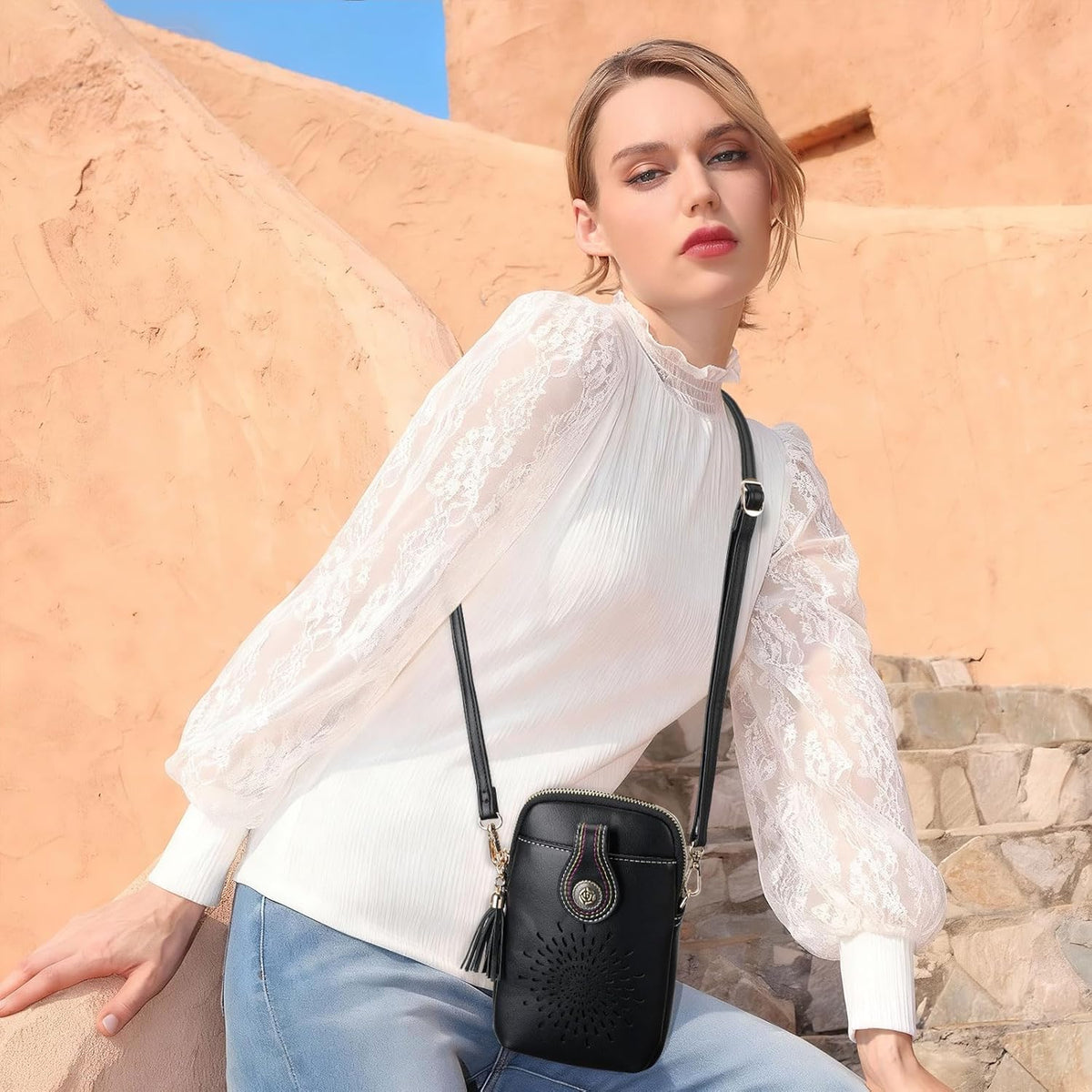 APHISON Small Crossbody Bags for Women, Lightweight Vegan Leather Cell Phone Purse, Cute Purses with Tassels