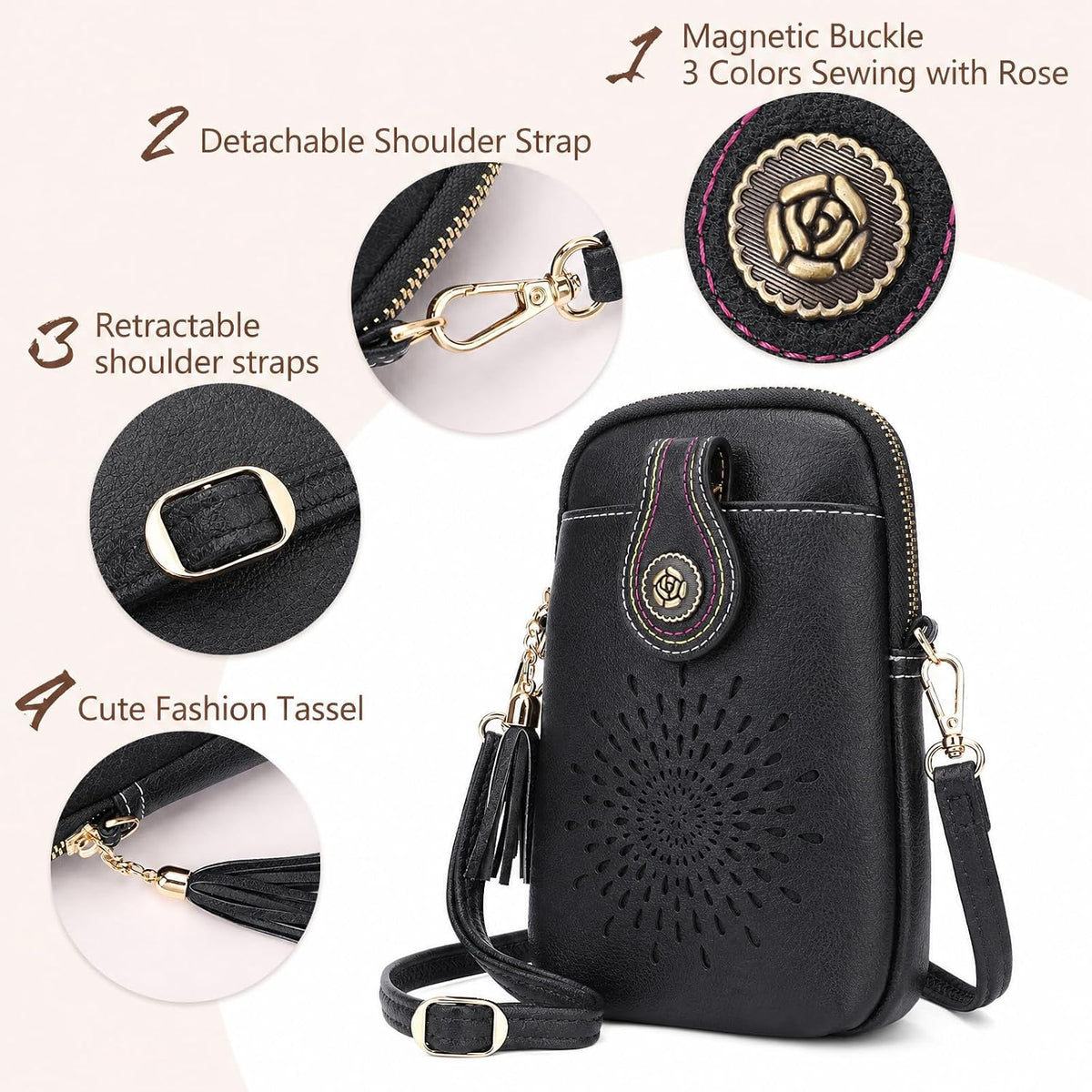APHISON Small Crossbody Bags for Women, Lightweight Vegan Leather Cell Phone Purse, Cute Purses with Tassels