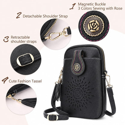 APHISON Small Crossbody Bags for Women, Lightweight Vegan Leather Cell Phone Purse, Cute Purses with Tassels