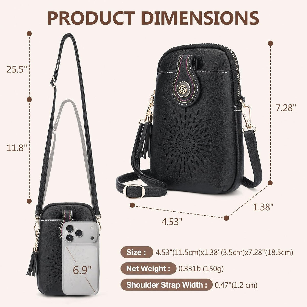 APHISON Small Crossbody Bags for Women, Lightweight Vegan Leather Cell Phone Purse, Cute Purses with Tassels