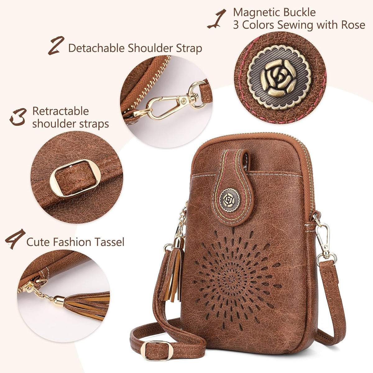 APHISON Small Crossbody Bags for Women, Lightweight Vegan Leather Cell Phone Purse, Cute Purses with Tassels
