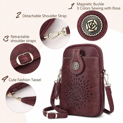 APHISON Small Crossbody Bags for Women, Lightweight Vegan Leather Cell Phone Purse, Cute Purses with Tassels
