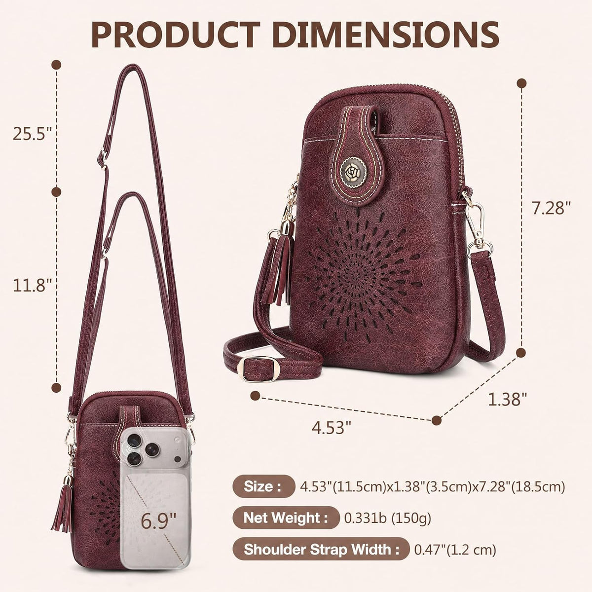 APHISON Small Crossbody Bags for Women, Lightweight Vegan Leather Cell Phone Purse, Cute Purses with Tassels