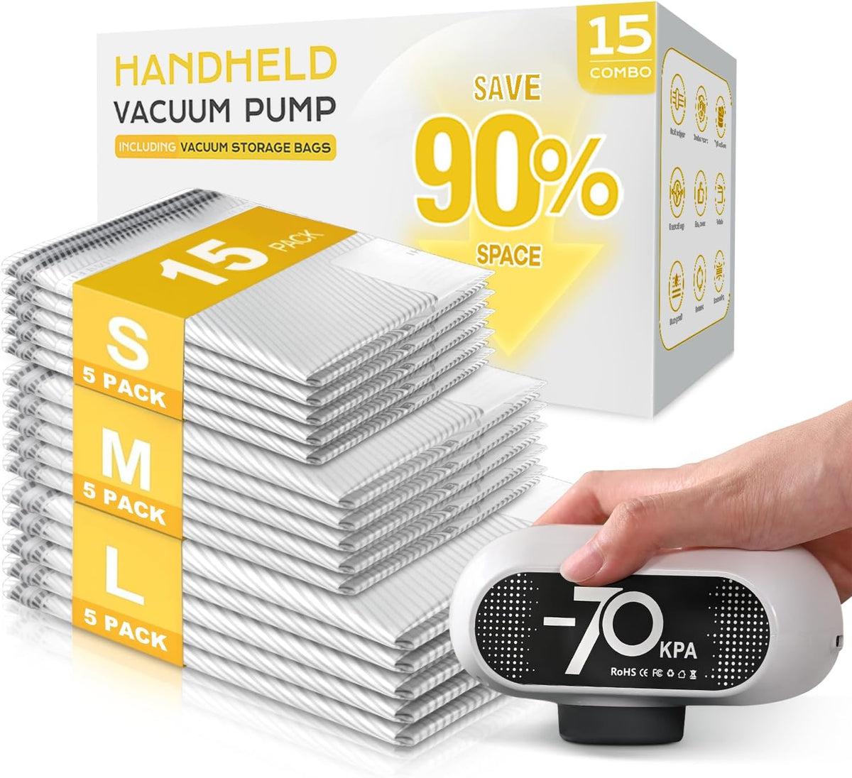 15 Pack Travel Vacuum Bags with Electric Pump, 70KPa Vacuum Storage Bags for Clothing, Reusable Space Saver Bags for Suitcase, Travel & Home Storage, Alpine White