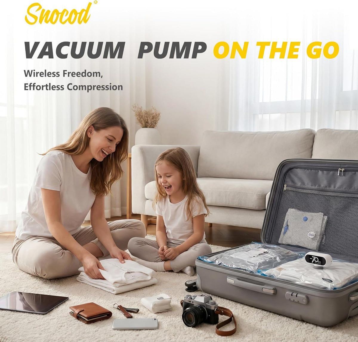 15 Pack Travel Vacuum Bags with Electric Pump, 70KPa Vacuum Storage Bags for Clothing, Reusable Space Saver Bags for Suitcase, Travel & Home Storage, Alpine White