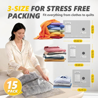 15 Pack Travel Vacuum Bags with Electric Pump, 70KPa Vacuum Storage Bags for Clothing, Reusable Space Saver Bags for Suitcase, Travel & Home Storage, Alpine White
