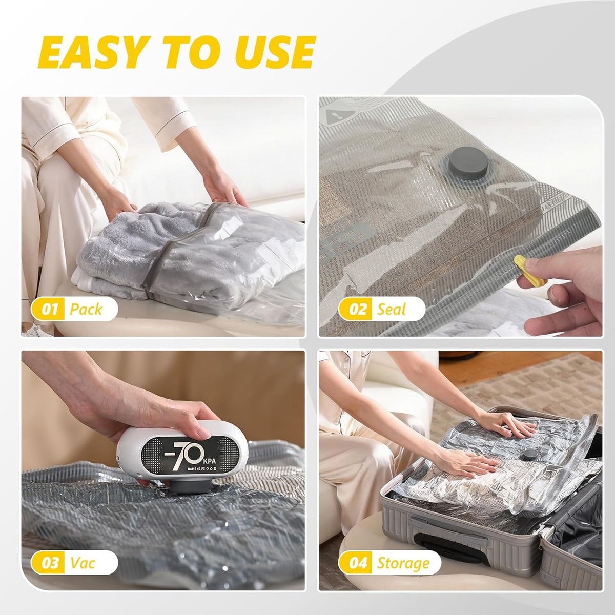 15 Pack Travel Vacuum Bags with Electric Pump, 70KPa Vacuum Storage Bags for Clothing, Reusable Space Saver Bags for Suitcase, Travel & Home Storage, Alpine White