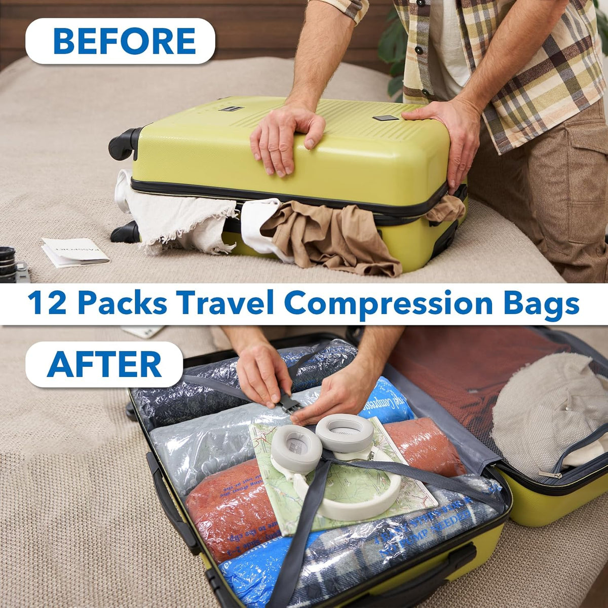 Vacuum Storage Bags, Space Saver Sealer Bags for Clothing, Pillows, Comforters, Blankets, Bedding, Travel, 12 Roll Bags, PA+PE Material