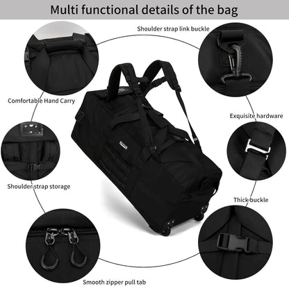 Duffle Bag Travel Luggage with Wheels: Large Rolling Backpack Foldable Carry On roller for Traveling - Weekender Overnight Personal Items Duffel Bag for Men and Women 80L (Green)