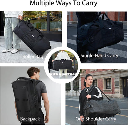 Duffle Bag Travel Luggage with Wheels: Large Rolling Backpack Foldable Carry On roller for Traveling - Weekender Overnight Personal Items Duffel Bag for Men and Women 80L (Green)