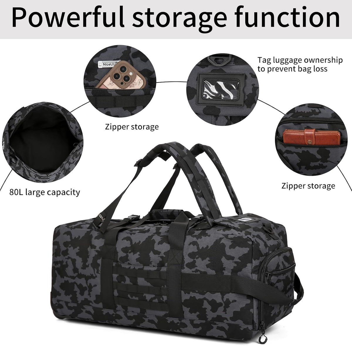 Duffle Bag Travel Luggage with Wheels: Large Rolling Backpack Foldable Carry On roller for Traveling - Weekender Overnight Personal Items Duffel Bag for Men and Women 80L (Green)