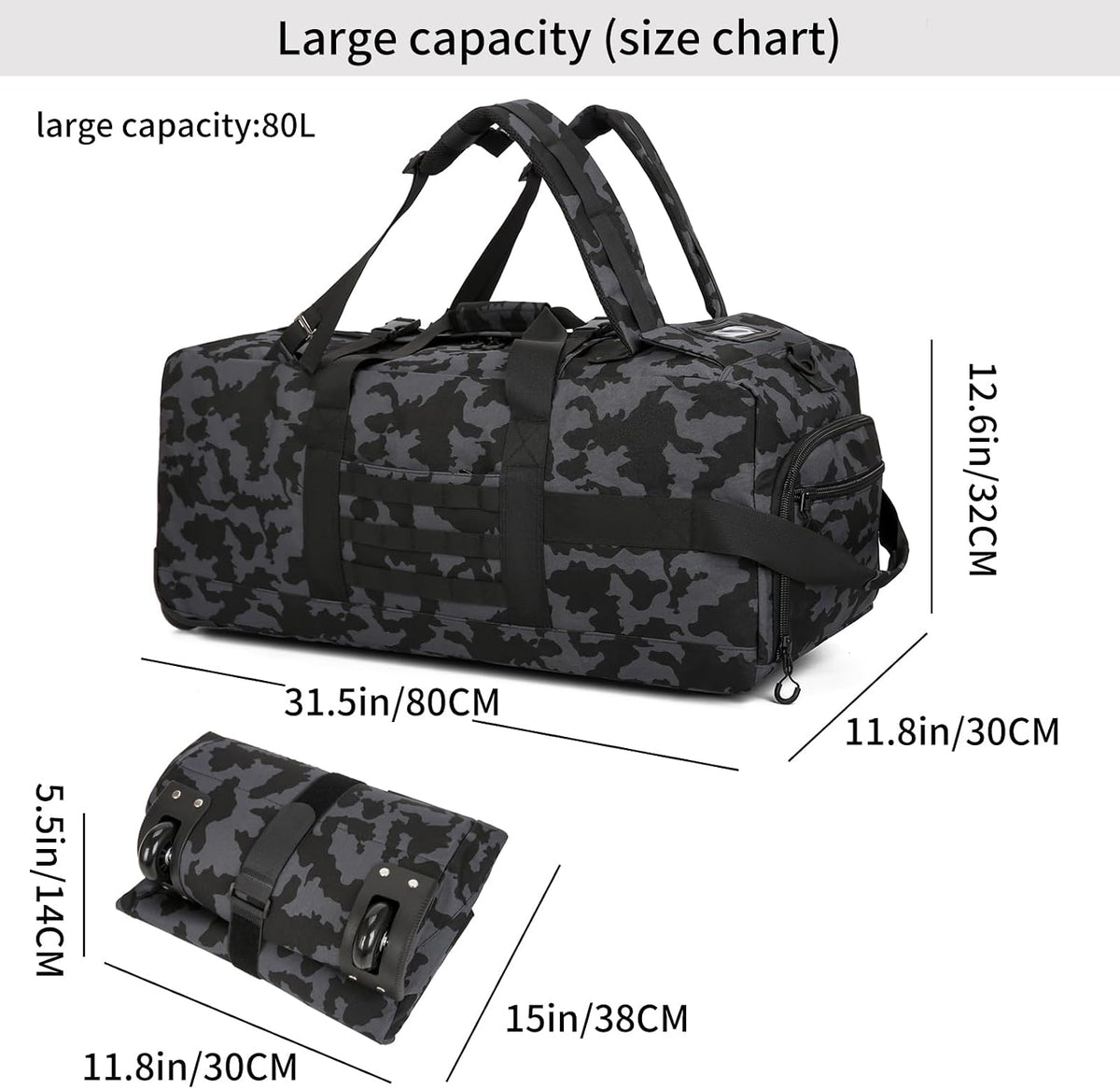 Duffle Bag Travel Luggage with Wheels: Large Rolling Backpack Foldable Carry On roller for Traveling - Weekender Overnight Personal Items Duffel Bag for Men and Women 80L (Green)