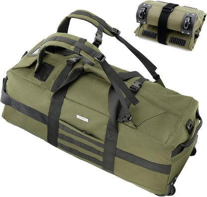 Duffle Bag Travel Luggage with Wheels: Large Rolling Backpack Foldable Carry On roller for Traveling - Weekender Overnight Personal Items Duffel Bag for Men and Women 80L (Green)