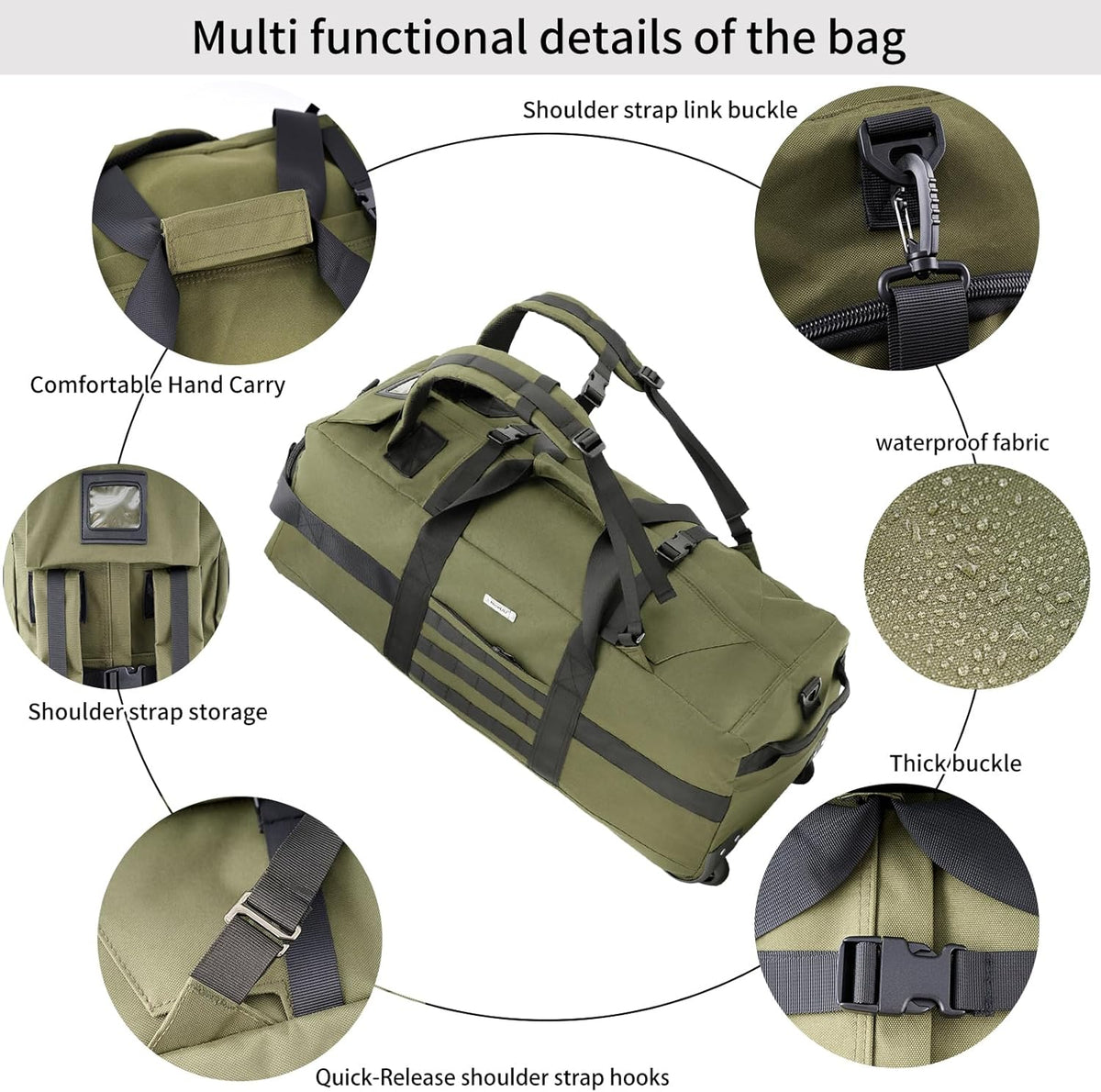 Duffle Bag Travel Luggage with Wheels: Large Rolling Backpack Foldable Carry On roller for Traveling - Weekender Overnight Personal Items Duffel Bag for Men and Women 80L (Green)