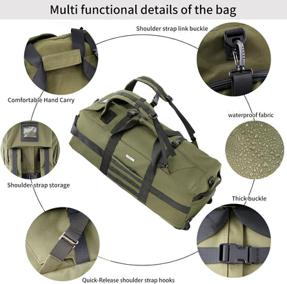 Duffle Bag Travel Luggage with Wheels: Large Rolling Backpack Foldable Carry On roller for Traveling - Weekender Overnight Personal Items Duffel Bag for Men and Women 80L (Green)