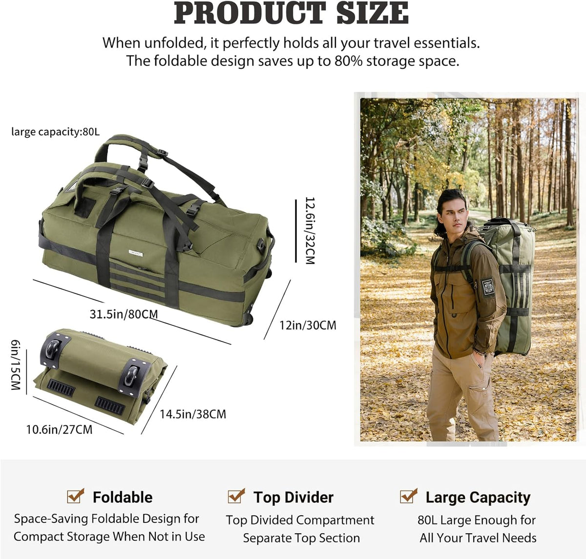 Duffle Bag Travel Luggage with Wheels: Large Rolling Backpack Foldable Carry On roller for Traveling - Weekender Overnight Personal Items Duffel Bag for Men and Women 80L (Green)