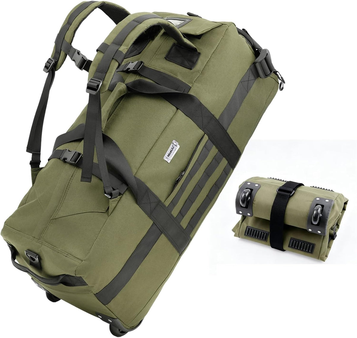 Duffle Bag Travel Luggage with Wheels: Large Rolling Backpack Foldable Carry On roller for Traveling - Weekender Overnight Personal Items Duffel Bag for Men and Women 80L (Green)
