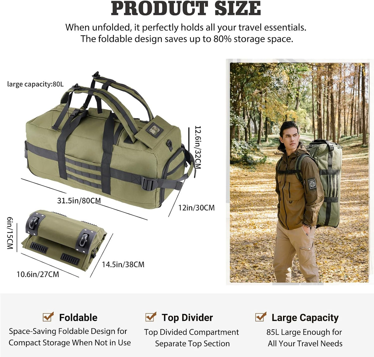 Duffle Bag Travel Luggage with Wheels: Large Rolling Backpack Foldable Carry On roller for Traveling - Weekender Overnight Personal Items Duffel Bag for Men and Women 80L (Green)