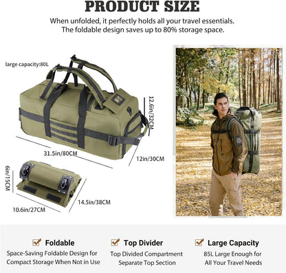 Duffle Bag Travel Luggage with Wheels: Large Rolling Backpack Foldable Carry On roller for Traveling - Weekender Overnight Personal Items Duffel Bag for Men and Women 80L (Green)