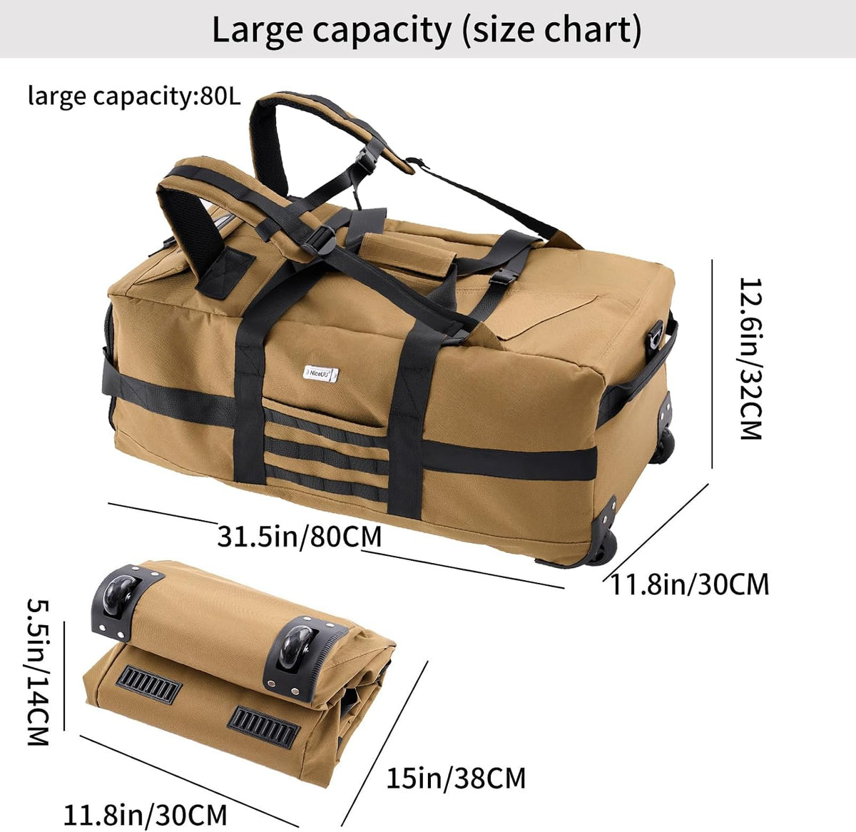 Duffle Bag Travel Luggage with Wheels: Large Rolling Backpack Foldable Carry On roller for Traveling - Weekender Overnight Personal Items Duffel Bag for Men and Women 80L (Green)