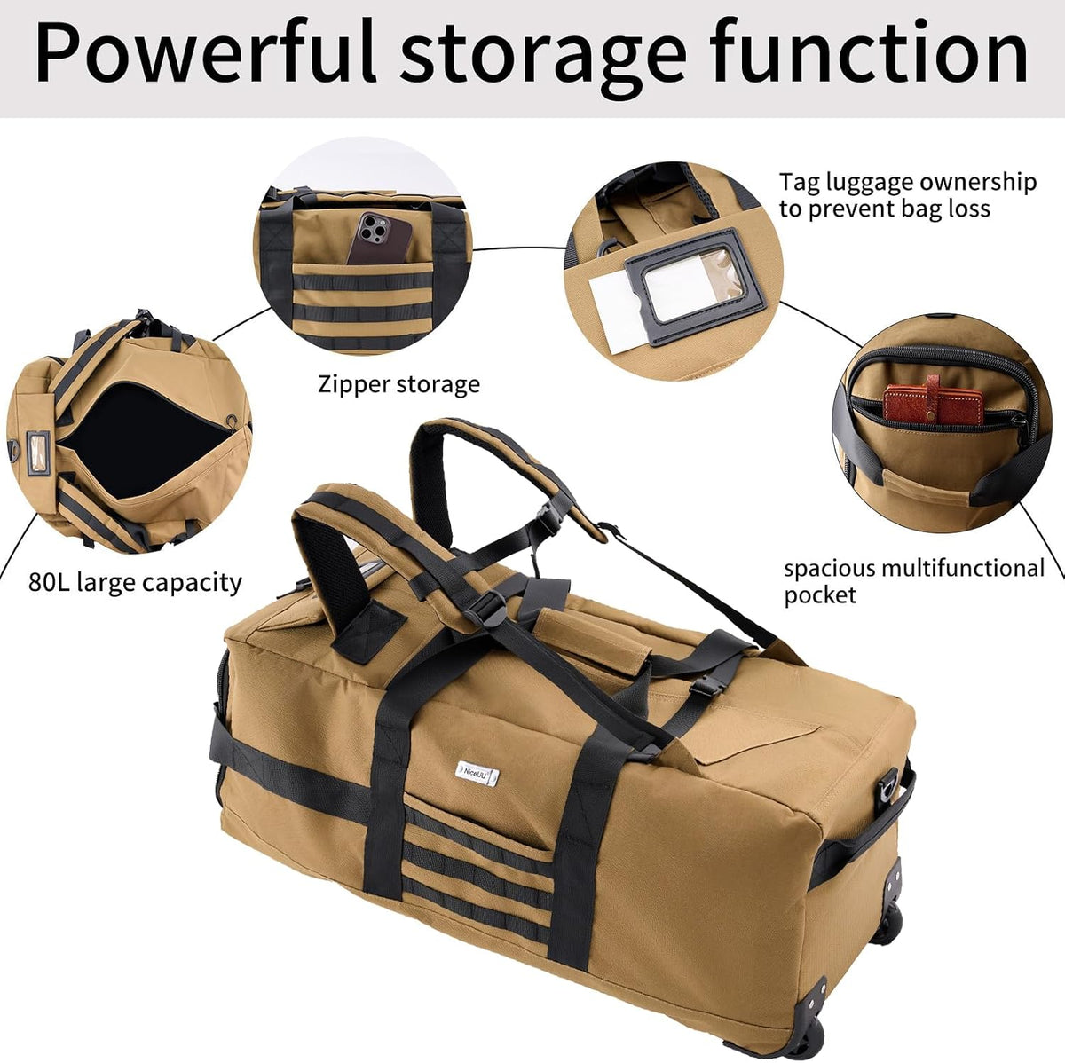Duffle Bag Travel Luggage with Wheels: Large Rolling Backpack Foldable Carry On roller for Traveling - Weekender Overnight Personal Items Duffel Bag for Men and Women 80L (Green)