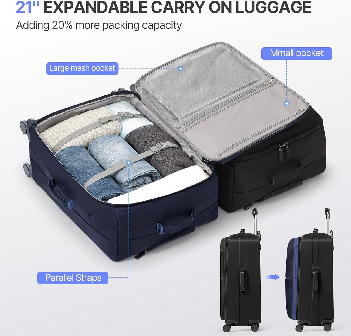 Carry On Luggage, Softside Suitcases with Spinner Wheels, Lightweight Carry-on Suitcase with TSA Lock for Women Men, Large Luggage for Travel Business Trip (Black, 21-Inch)