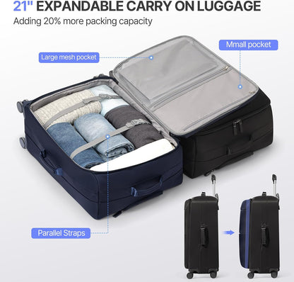 Carry On Luggage, Softside Suitcases with Spinner Wheels, Lightweight Carry-on Suitcase with TSA Lock for Women Men, Large Luggage for Travel Business Trip (Black, 21-Inch)