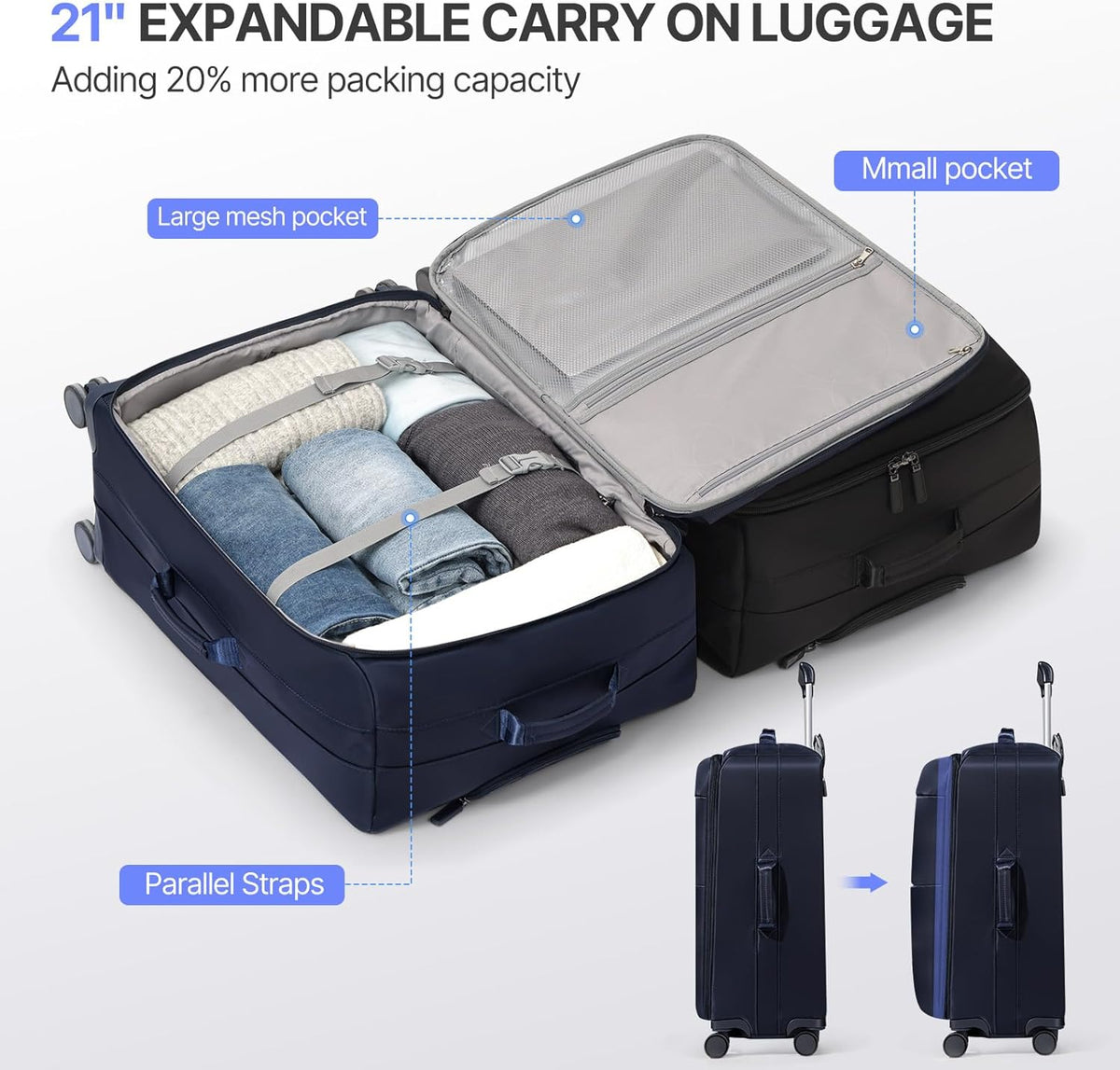 Carry On Luggage, Softside Suitcases with Spinner Wheels, Lightweight Carry-on Suitcase with TSA Lock for Women Men, Large Luggage for Travel Business Trip (Black, 21-Inch)