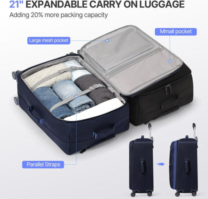 Carry On Luggage, Softside Suitcases with Spinner Wheels, Lightweight Carry-on Suitcase with TSA Lock for Women Men, Large Luggage for Travel Business Trip (Black, 21-Inch)