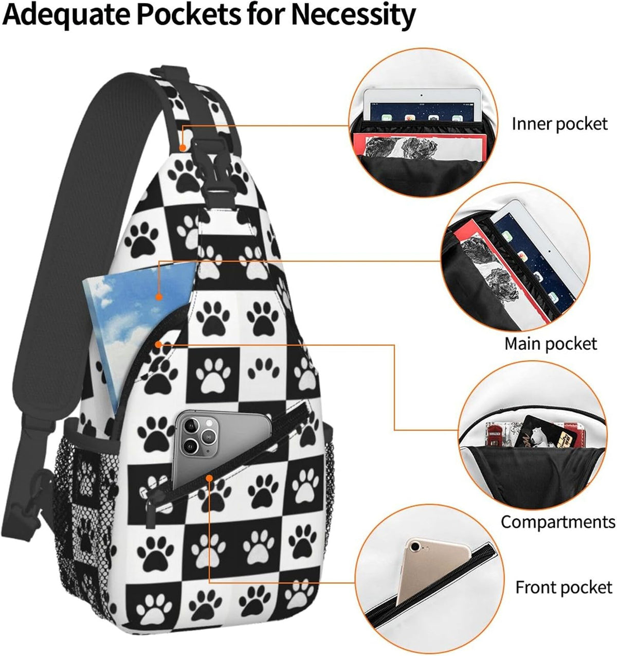 Men Women Sling Shoulder Backpack Casual Carrying Tote Case Crossbody Travel Bag, Anti-Theft Multipurpose Carry On Bag, Aztec Black Grey And White Crossbody Bag