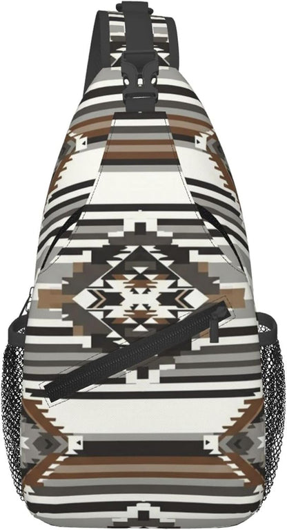 Men Women Sling Shoulder Backpack Casual Carrying Tote Case Crossbody Travel Bag, Anti-Theft Multipurpose Carry On Bag, Aztec Black Grey And White Crossbody Bag