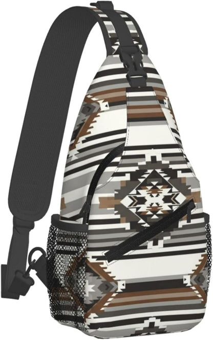 Men Women Sling Shoulder Backpack Casual Carrying Tote Case Crossbody Travel Bag, Anti-Theft Multipurpose Carry On Bag, Aztec Black Grey And White Crossbody Bag