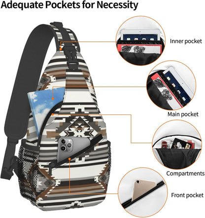 Men Women Sling Shoulder Backpack Casual Carrying Tote Case Crossbody Travel Bag, Anti-Theft Multipurpose Carry On Bag, Aztec Black Grey And White Crossbody Bag