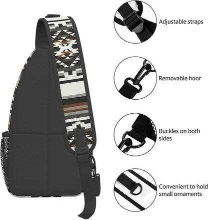Men Women Sling Shoulder Backpack Casual Carrying Tote Case Crossbody Travel Bag, Anti-Theft Multipurpose Carry On Bag, Aztec Black Grey And White Crossbody Bag