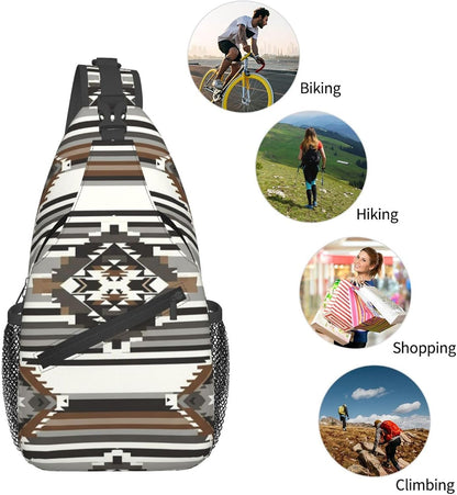 Men Women Sling Shoulder Backpack Casual Carrying Tote Case Crossbody Travel Bag, Anti-Theft Multipurpose Carry On Bag, Aztec Black Grey And White Crossbody Bag