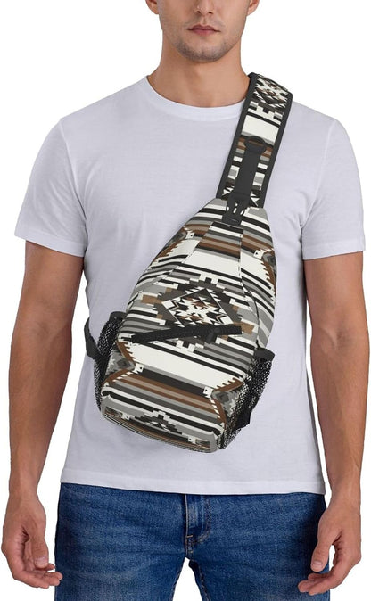Men Women Sling Shoulder Backpack Casual Carrying Tote Case Crossbody Travel Bag, Anti-Theft Multipurpose Carry On Bag, Aztec Black Grey And White Crossbody Bag