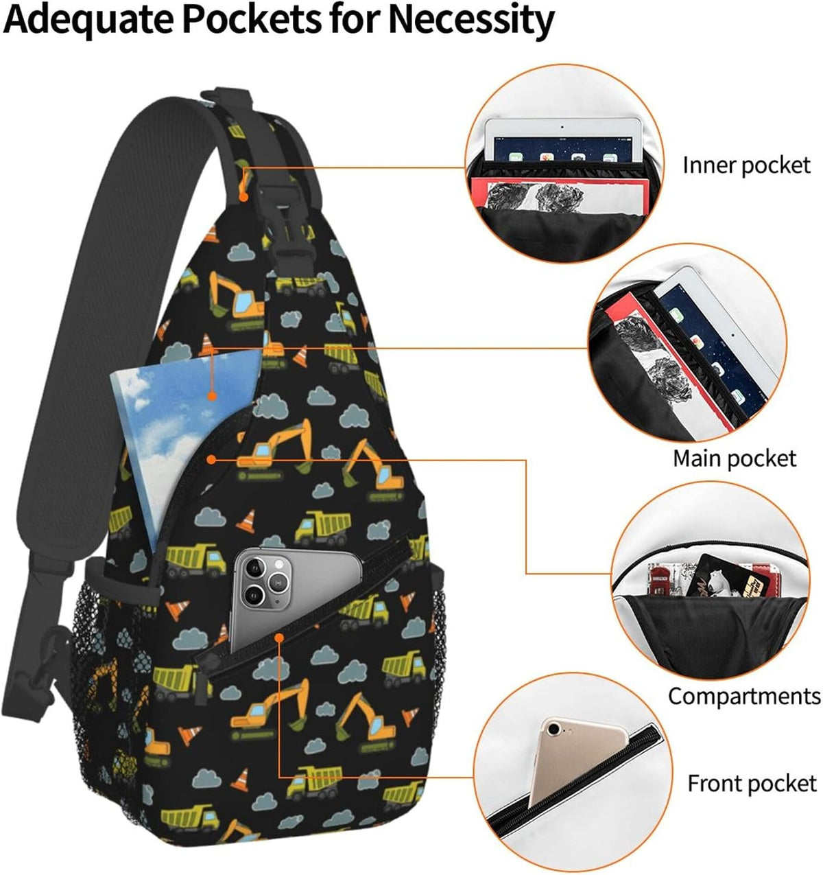 Men Women Sling Shoulder Backpack Casual Carrying Tote Case Crossbody Travel Bag, Anti-Theft Multipurpose Carry On Bag, Aztec Black Grey And White Crossbody Bag