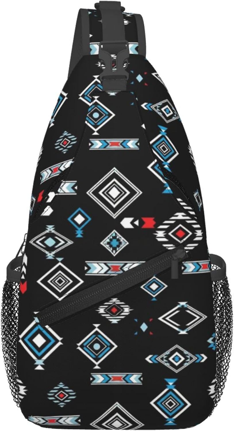 Men Women Sling Shoulder Backpack Casual Carrying Tote Case Crossbody Travel Bag, Anti-Theft Multipurpose Carry On Bag, Aztec Black Grey And White Crossbody Bag