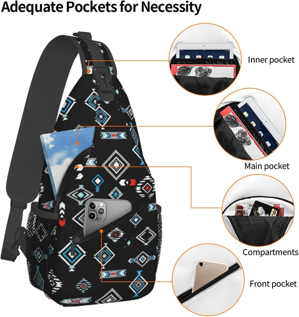 Men Women Sling Shoulder Backpack Casual Carrying Tote Case Crossbody Travel Bag, Anti-Theft Multipurpose Carry On Bag, Aztec Black Grey And White Crossbody Bag