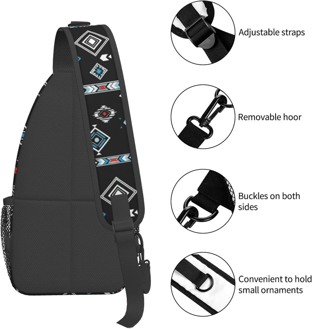Men Women Sling Shoulder Backpack Casual Carrying Tote Case Crossbody Travel Bag, Anti-Theft Multipurpose Carry On Bag, Aztec Black Grey And White Crossbody Bag