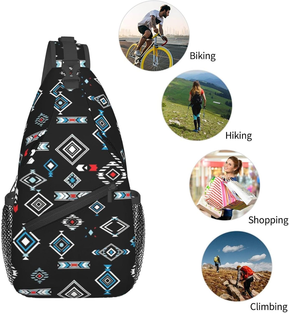 Men Women Sling Shoulder Backpack Casual Carrying Tote Case Crossbody Travel Bag, Anti-Theft Multipurpose Carry On Bag, Aztec Black Grey And White Crossbody Bag