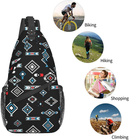 Men Women Sling Shoulder Backpack Casual Carrying Tote Case Crossbody Travel Bag, Anti-Theft Multipurpose Carry On Bag, Aztec Black Grey And White Crossbody Bag