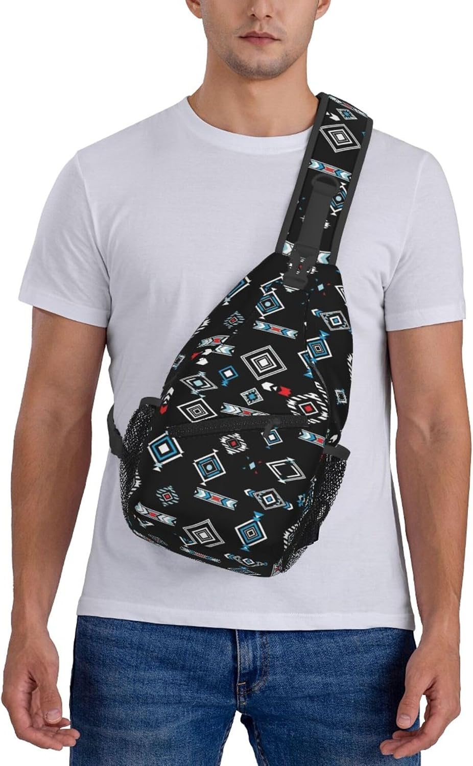 Men Women Sling Shoulder Backpack Casual Carrying Tote Case Crossbody Travel Bag, Anti-Theft Multipurpose Carry On Bag, Aztec Black Grey And White Crossbody Bag